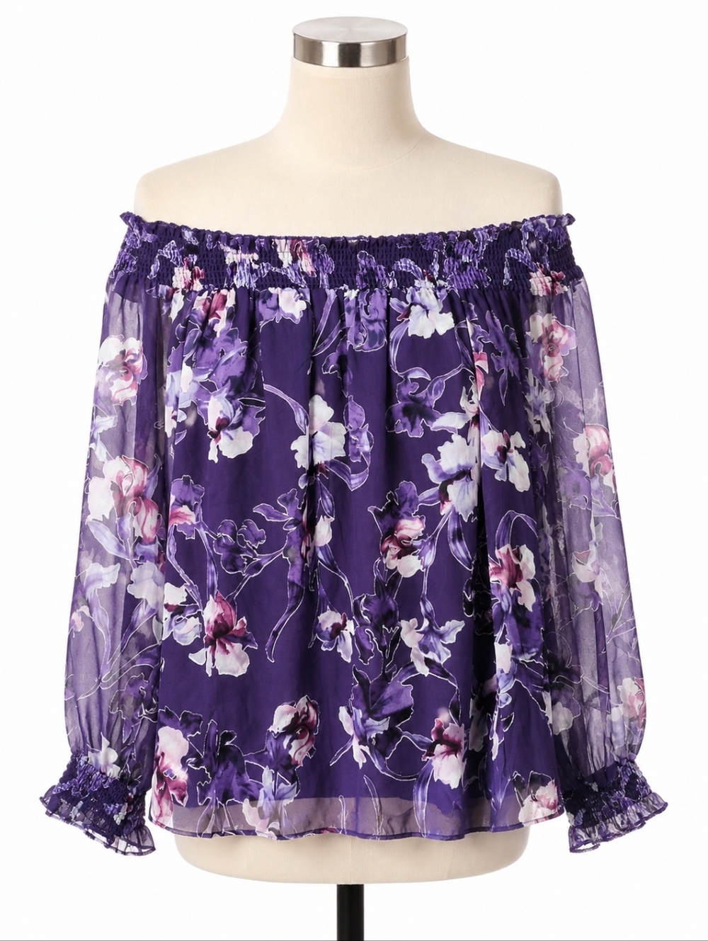 White House Black Market NWT Purple Floral Off Shoulder Silk Blend Top S Grunge